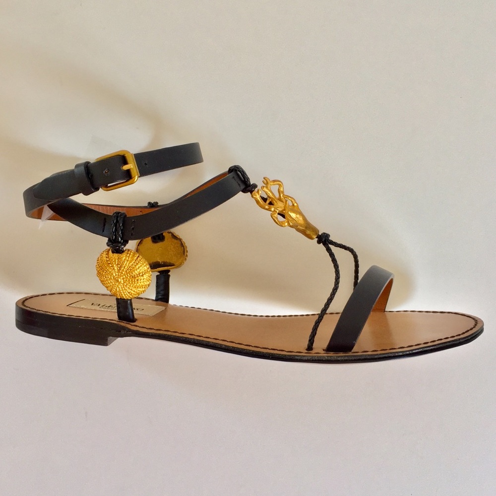 RARE VALENTINO LTD RUNWAY BLACK LEATHER&BRASS SANDAL RUNS LG - Picture 2 of 16